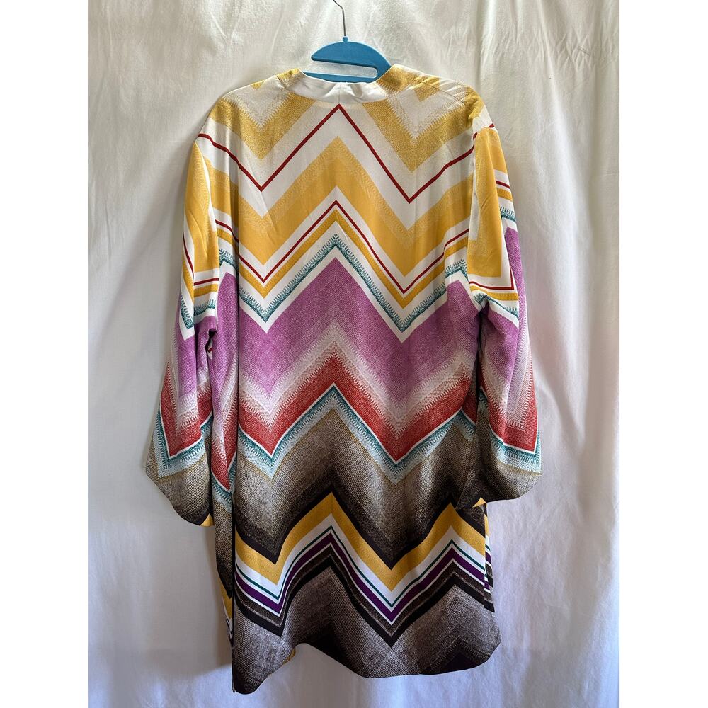 Reversible Boho Kimono Cardigan Mustard Chevron Print Flowy Sleeve Open Front - Picture 7 of 9